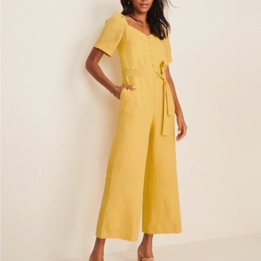 ANN TAYLOR LINEN LYOCELL WIDE LEG CROPPED JUMPSUIT IN MARIGOLD YELLOW - Picture 16 of 16